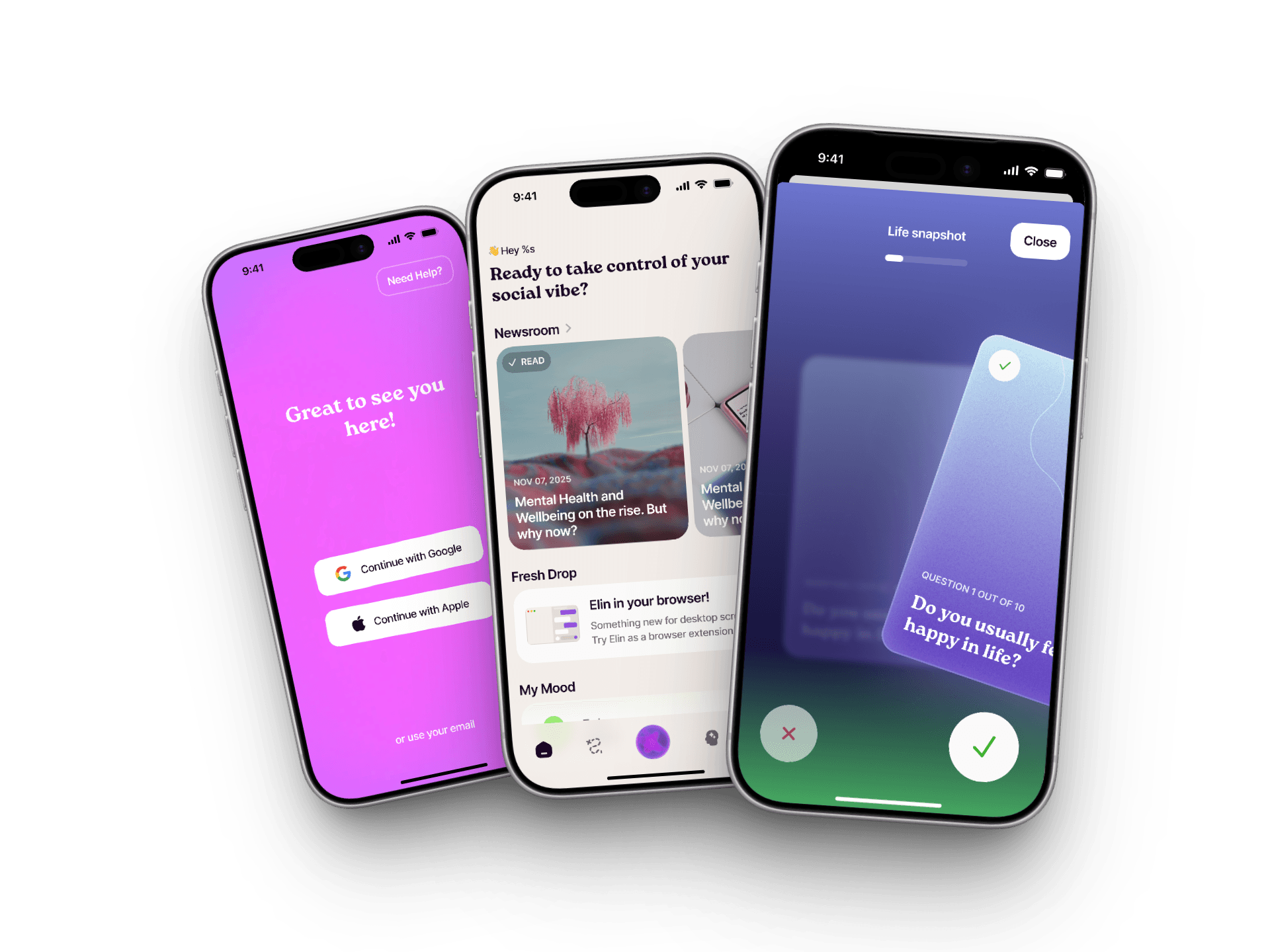 Elin wellbeing companion onboarding, feed, and wellbeing check flows showcased across three iPhones