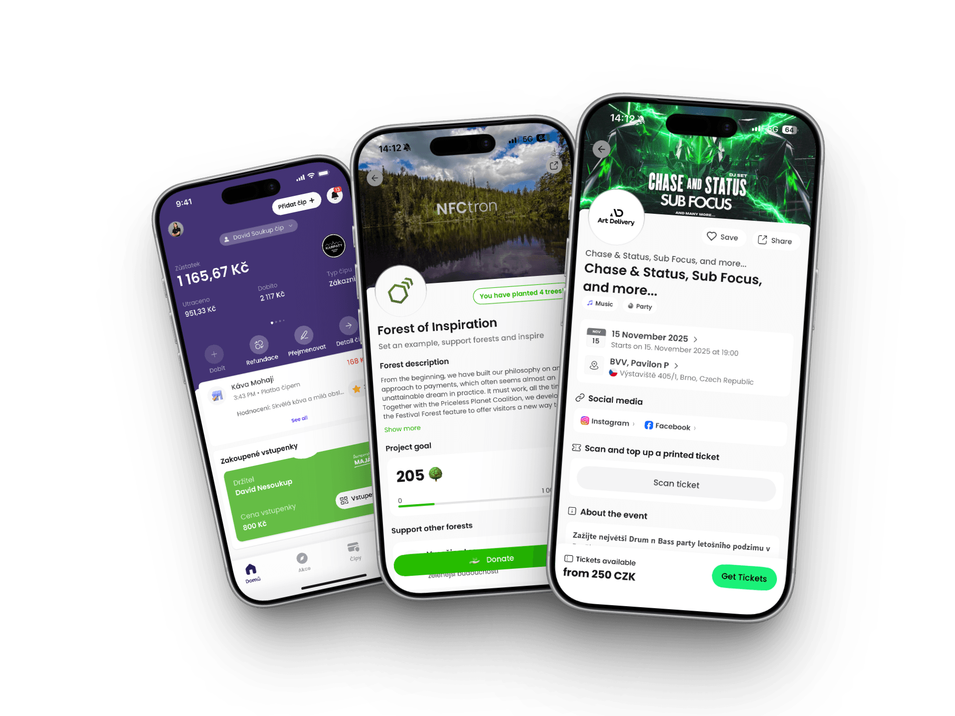 NFCtron Pay payments and ticket wallet screens on angled phones